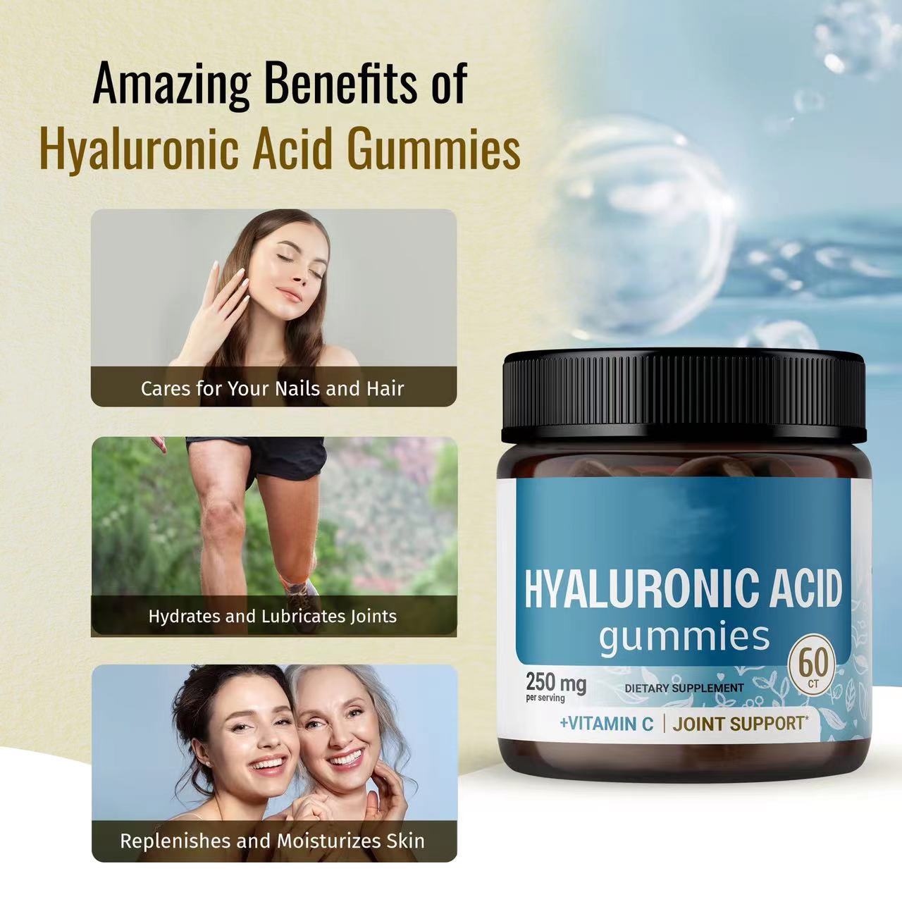 "Hyaluronic Acid Gummies benefits include nail care, joint hydration, and skin moisturization with added Vitamin C for joint support."