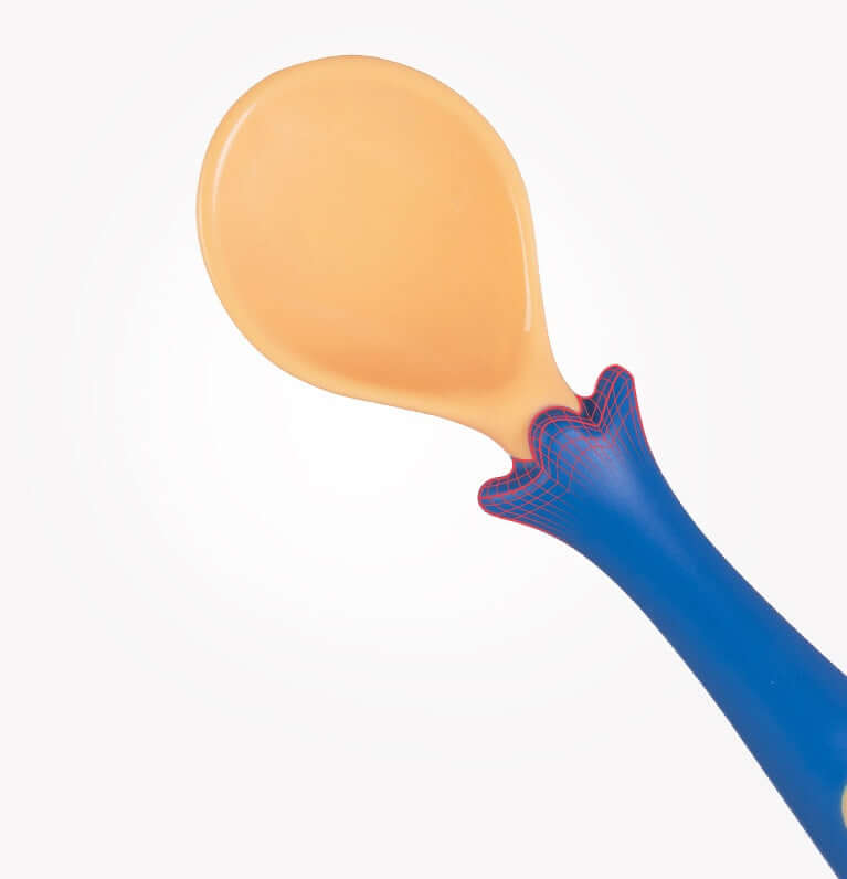 Baby feeding spoon with curved handle, blue grip, and orange scoop designed for infants over 3 months, made of PP, TPE, and stainless steel.