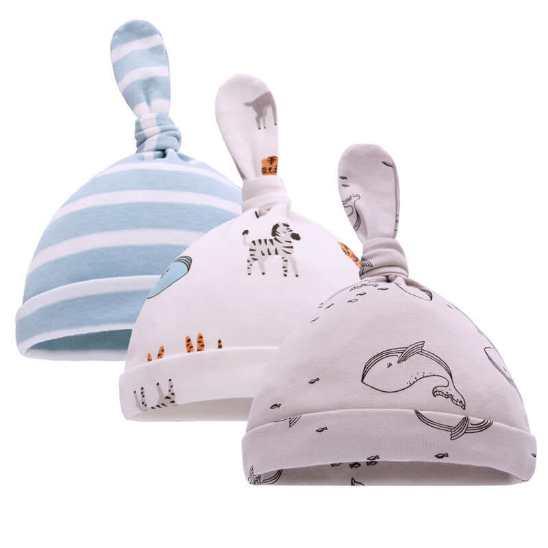 Three pure cotton baby hats with cartoon designs including blue stripes, zebras, and whales. Perfect for spring and autumn. Suitable for head circumference 36-48cm.