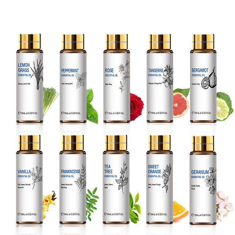 Assorted essential oils including lemongrass, peppermint, rose, and tea tree in 10ml bottles for aromatherapy and skincare.