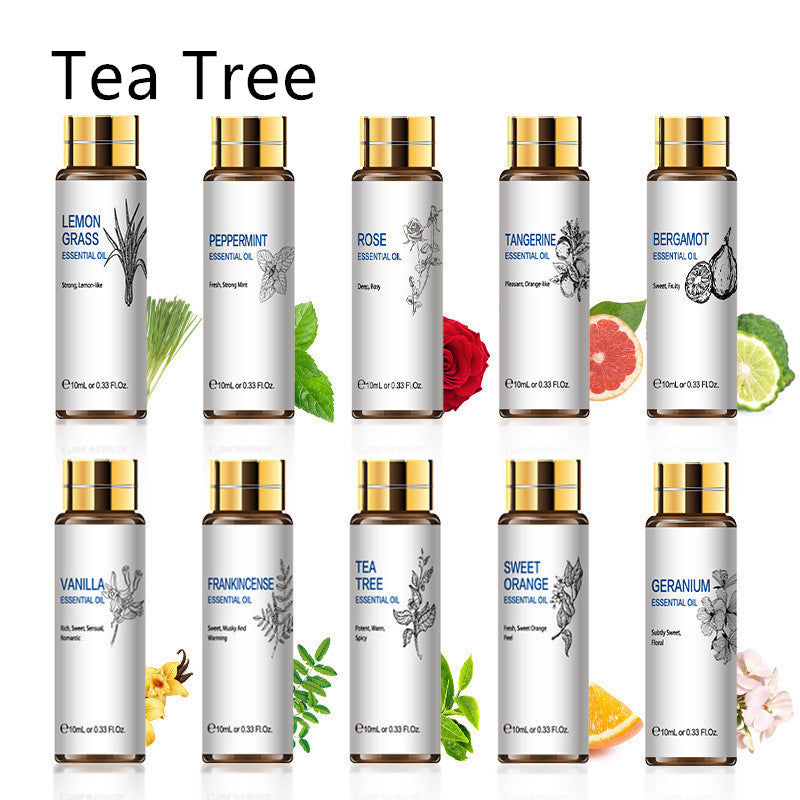 Essential oil collection including tea tree, lavender, rose, and more in 10ml bottles for aromatherapy and skincare benefits.