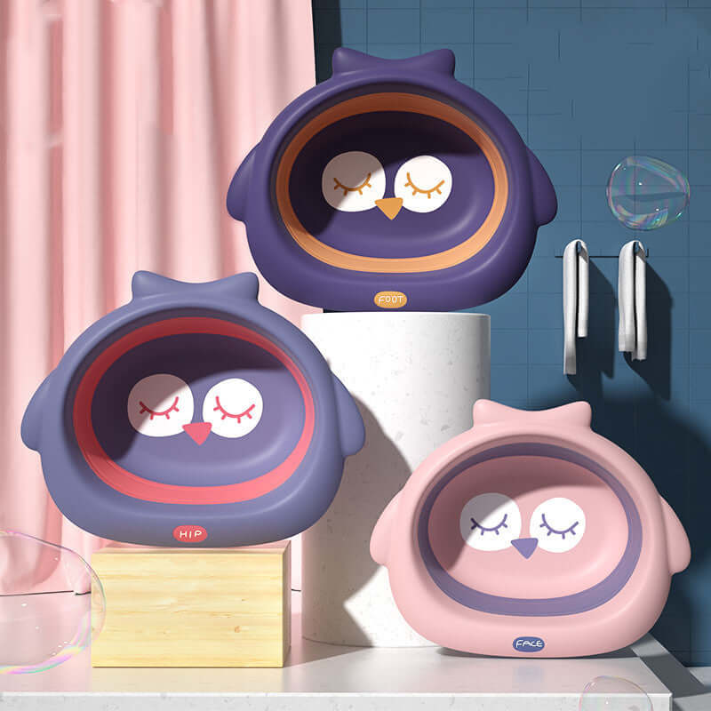 Three cute owl-shaped small basins for children's use in soft fog powder, dark night purple, and dream purple colors.