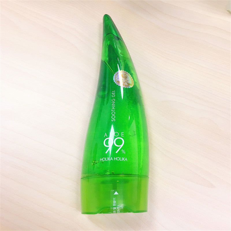 Aloe vera gel soothing product in green bottle for moisturizing and skin elasticity.