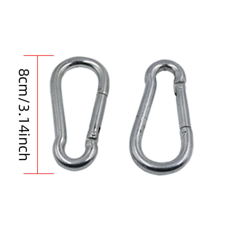 Two 8cm carabiner clips for DIY exercise equipment pull-up strap, made of durable metal.