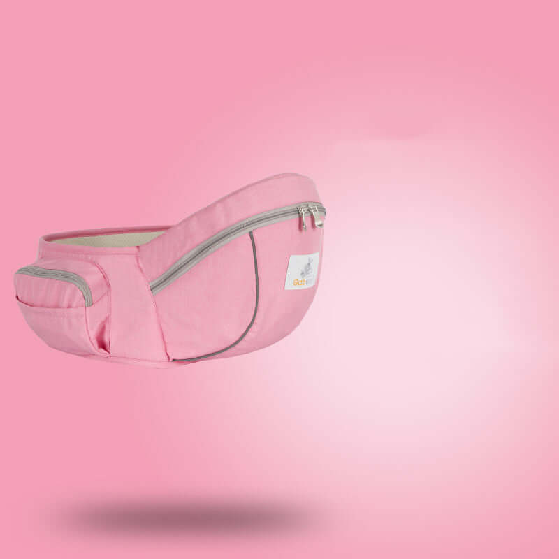 Pink baby carrier waist stool for infants and toddlers, with zippered pocket, maximum load 20kg, suitable for ages 0-36 months.