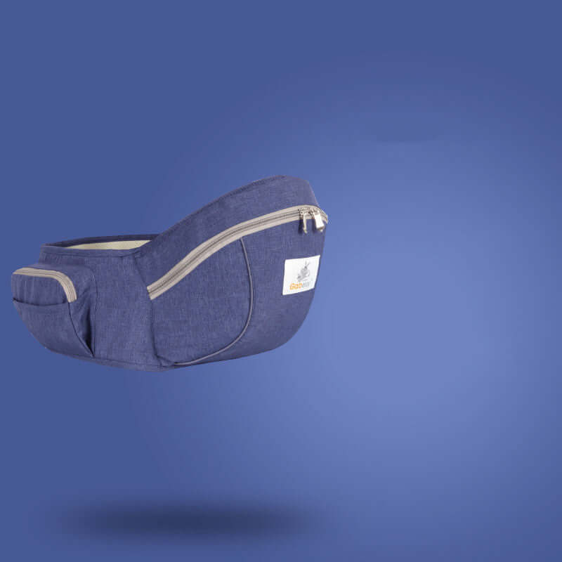Denim blue baby carrier waist stool for children and mothers, with maximum load of 20kg, applicable for ages 0-36 months.