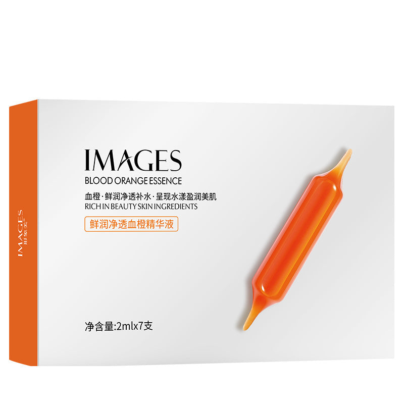 Images Blood Orange Essence box packaging with orange serum ampoule, net content 2ml x 7, featuring beauty skin ingredients.