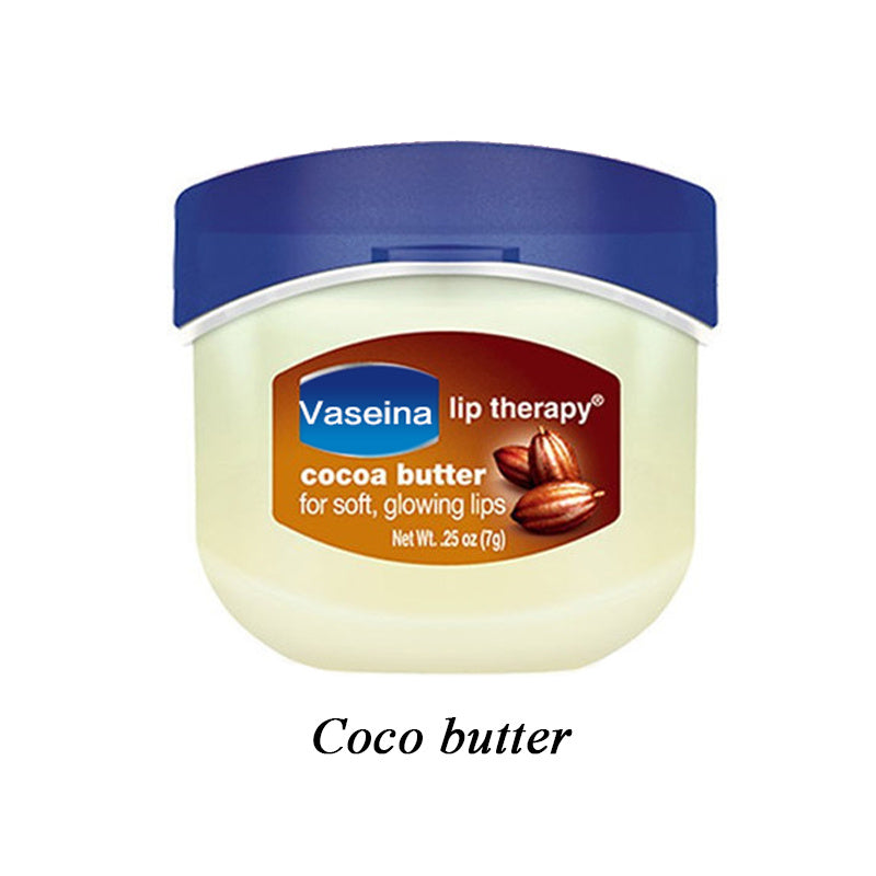 Jar of cocoa butter lip therapy for soft, glowing lips with blue lid and text "Coco butter" beneath.