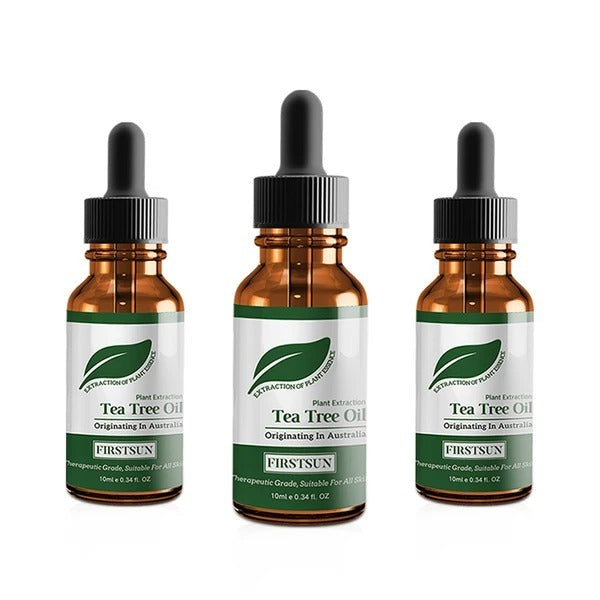 Firstsun tea tree essential oil bottles for face moisturizing, originating in Australia, 10ml each, with droppers.