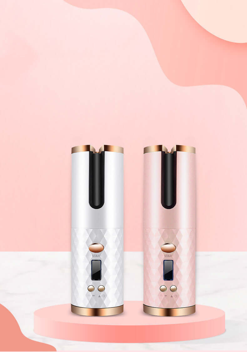 "Rechargeable Automatic Hair Curler - Portable Ceramic Curling Iron with LCD Display and Rotating Function for Waves and Curls"