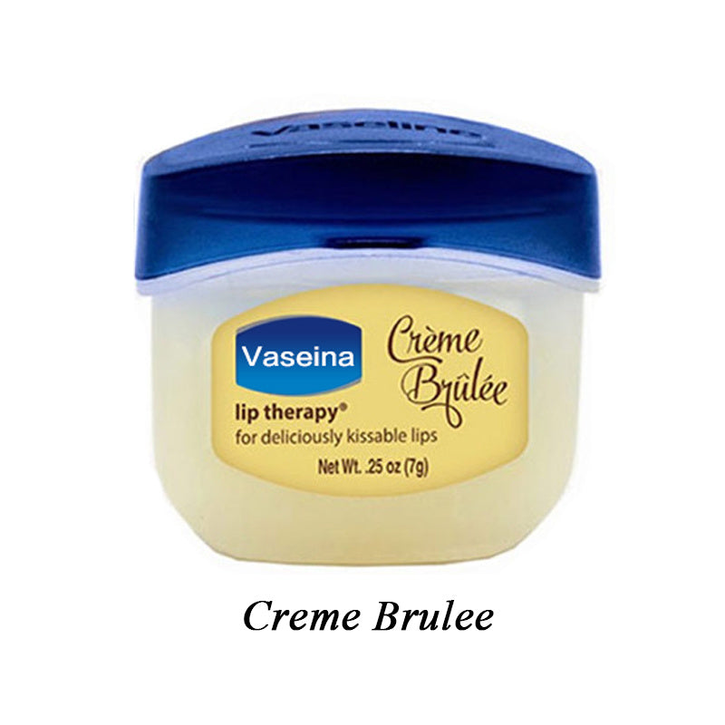 Creme Brulee lip therapy balm for moisturizing and kissable lips, 0.25 oz jar with blue lid.