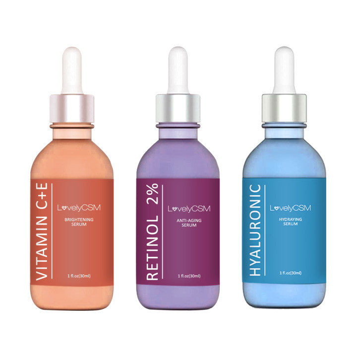 Trio of serums featuring Vitamin C+E Brightening, Retinol 2% Anti-Aging, and Hyaluronic Hydrating by LovelyCSM.