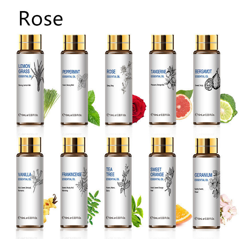 "Collection of essential oils including rose, lemongrass, peppermint, tea tree, and more, in 10 ml bottles for aromatherapy."