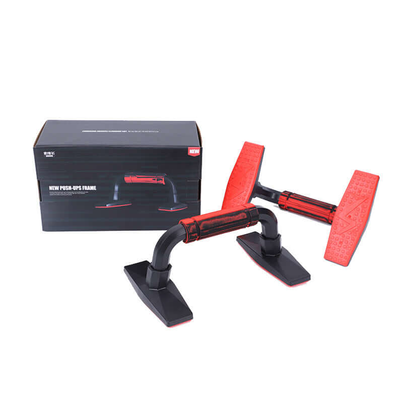H-type push-up support chest exercise equipment with red and black design, suitable for office, outdoor, and home fitness, next to packing box.