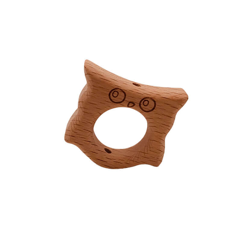 Wooden owl-shaped baby teething toy made from natural beech wood.