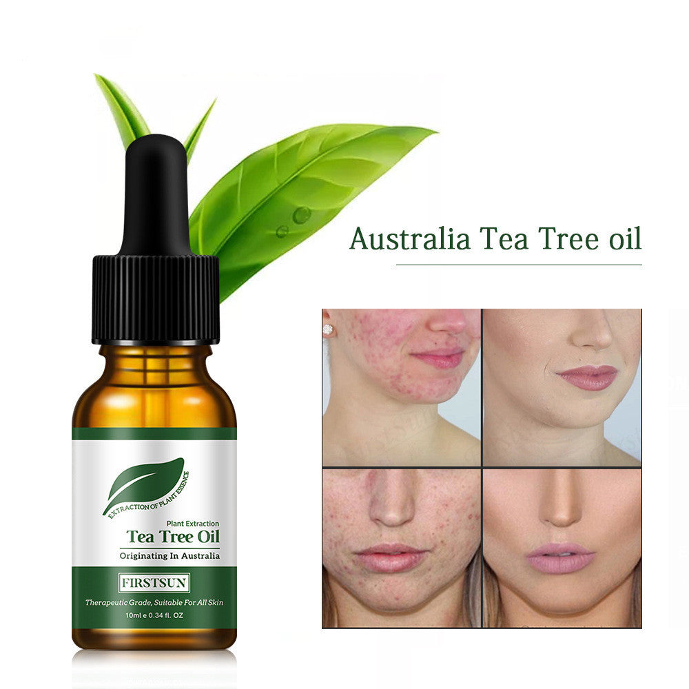 Firstsun tea tree essential oil bottle with leaf, acne treatment before and after results, Australia origin, moisturizing for face care.