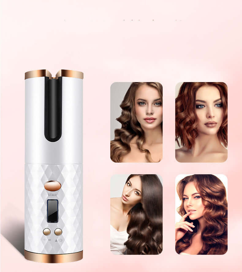 "Rechargeable Automatic Hair Curler - Portable Ceramic Curling Iron with LCD Display and Rotating Function for Waves and Curls"