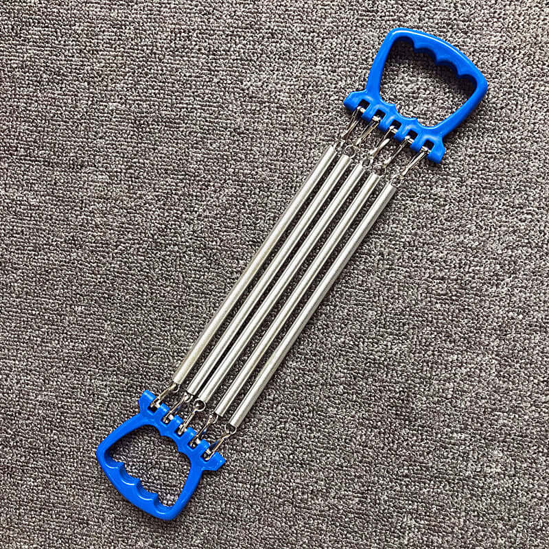 Chest expander training equipment with carbon springs and blue ABS plastic handles on a gray background