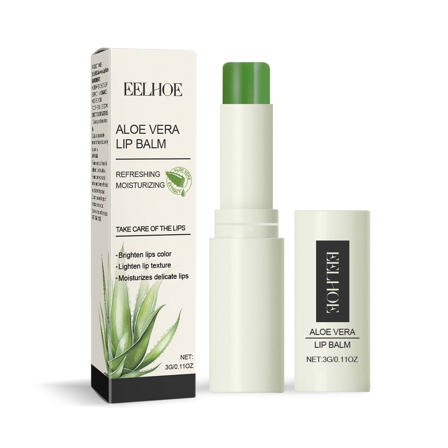 Aloe Vera Lip Balm with moisturizing and refreshing properties, featuring aloe leaf extract packaging and open lip balm tube.