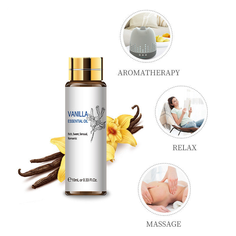 Vanilla essential oil bottle with vanilla pods and flowers, highlighting aromatherapy, relaxation, and massage benefits.