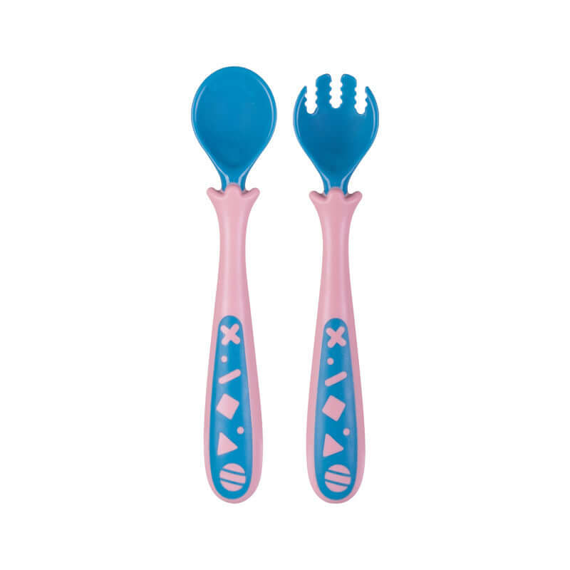 Curved pink and blue baby fork and spoon set for learning to eat, made of PP+TPE+304 stainless steel, suitable for children over 3 months.