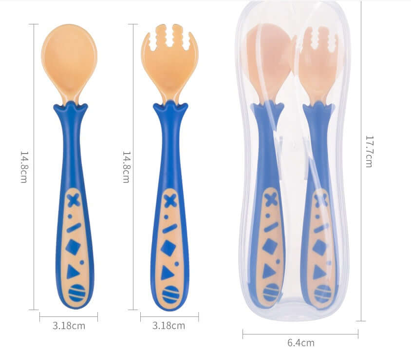 Baby learning utensils set, includes a blue and orange curved fork and spoon, suitable for ages 3 months and up, with storage cover.
