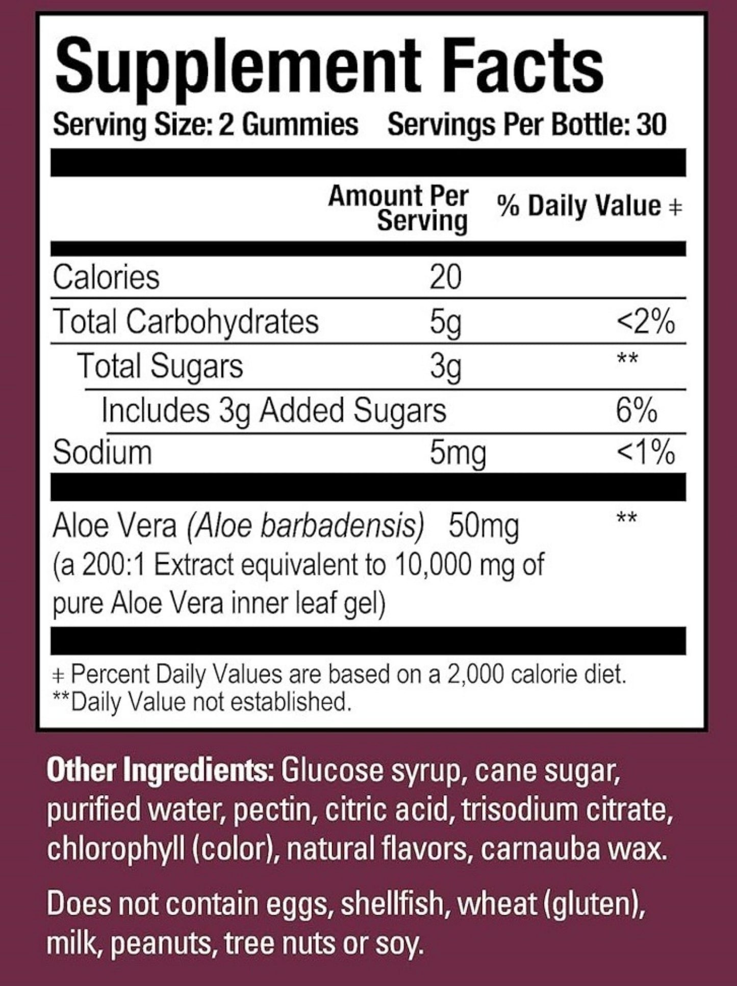 Aloe Vera Gummies supplement facts, 50mg Aloe Vera per serving, includes glucose syrup, sugar, no eggs, peanuts, tree nuts, or soy.