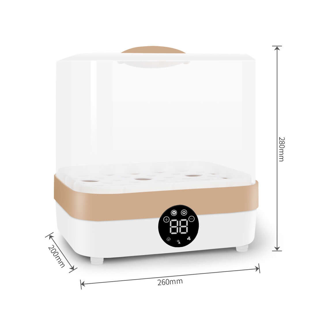 Baby bottle sterilizer ZRX-0860 with digital display, 400W power, and dimensions marked as 260x200x280mm, ideal for quick 10-minute disinfection.