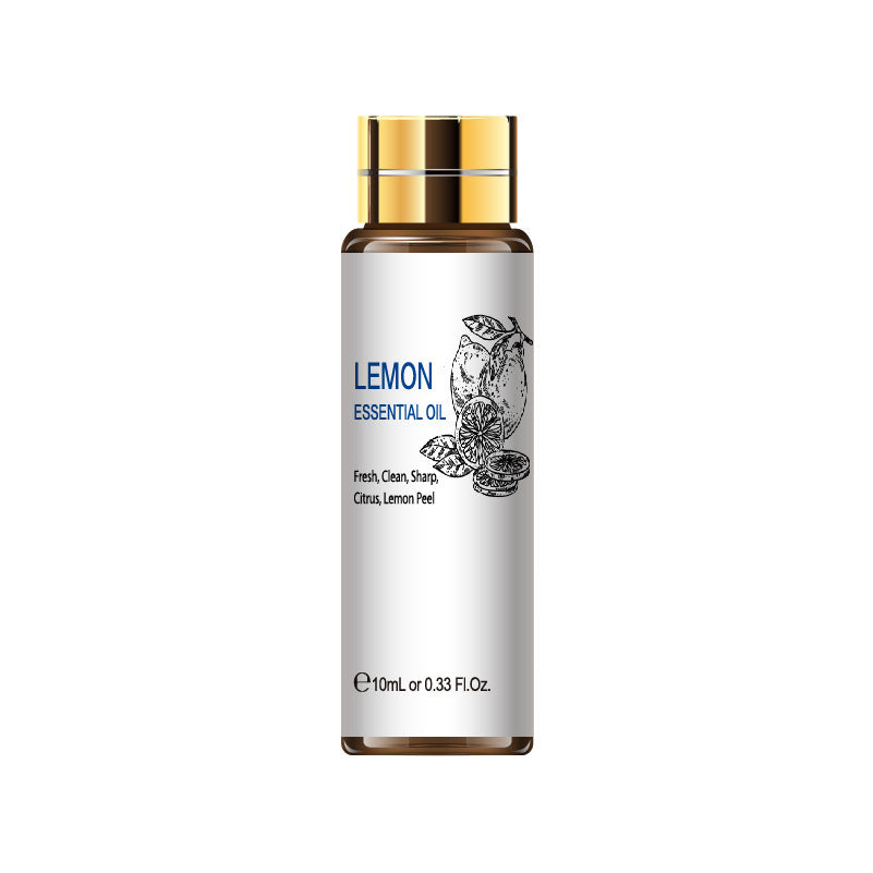 Lemon Essential Oil 10ml bottle with fresh citrus lemon peel design, perfect for aromatherapy and skincare benefits.