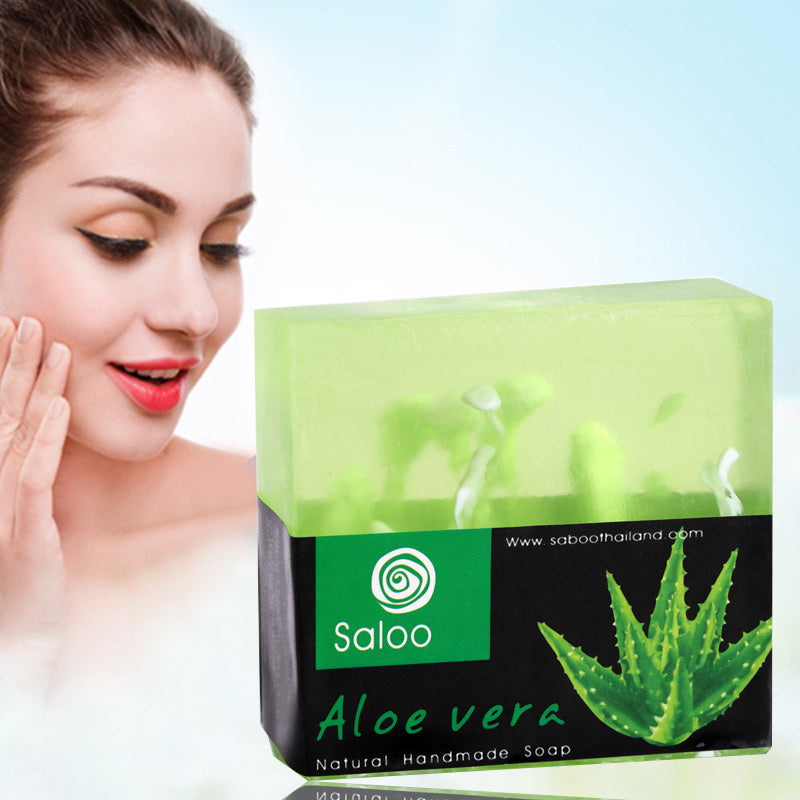 Aloe handmade soap with herbal fragrance and moisturizing benefits, shown with aloe vera leaf design and moisturizing lather.