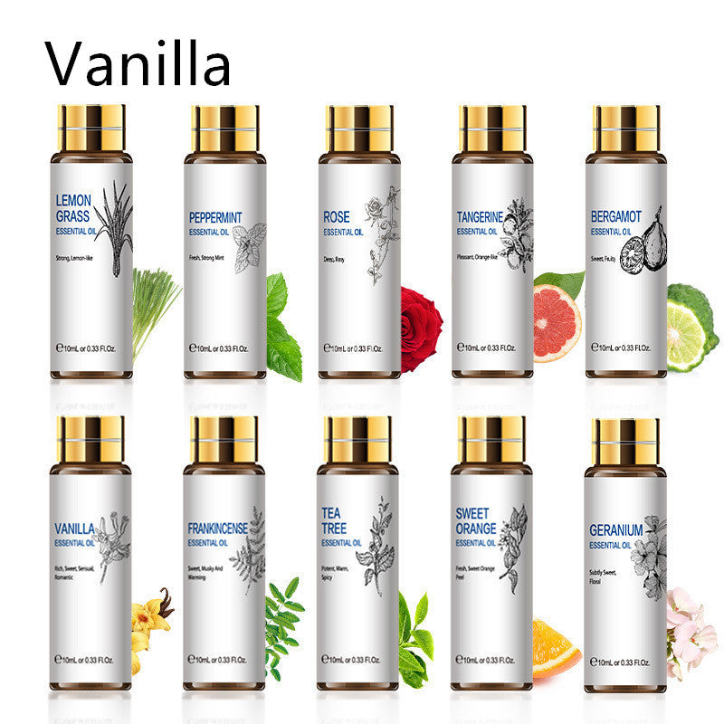 Collection of essential oils including vanilla, lemon grass, peppermint, rose, tangerine, bergamot, tea tree, and more.