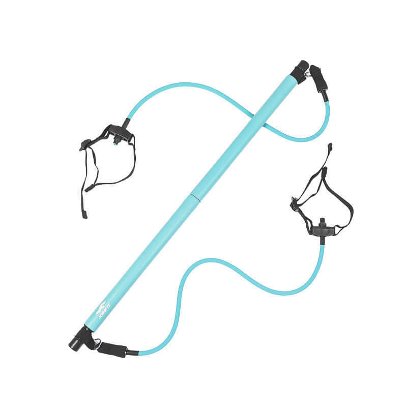 Lake blue Pilates fitness bar with elastic exercise ropes for comprehensive fitness training, suitable for females.