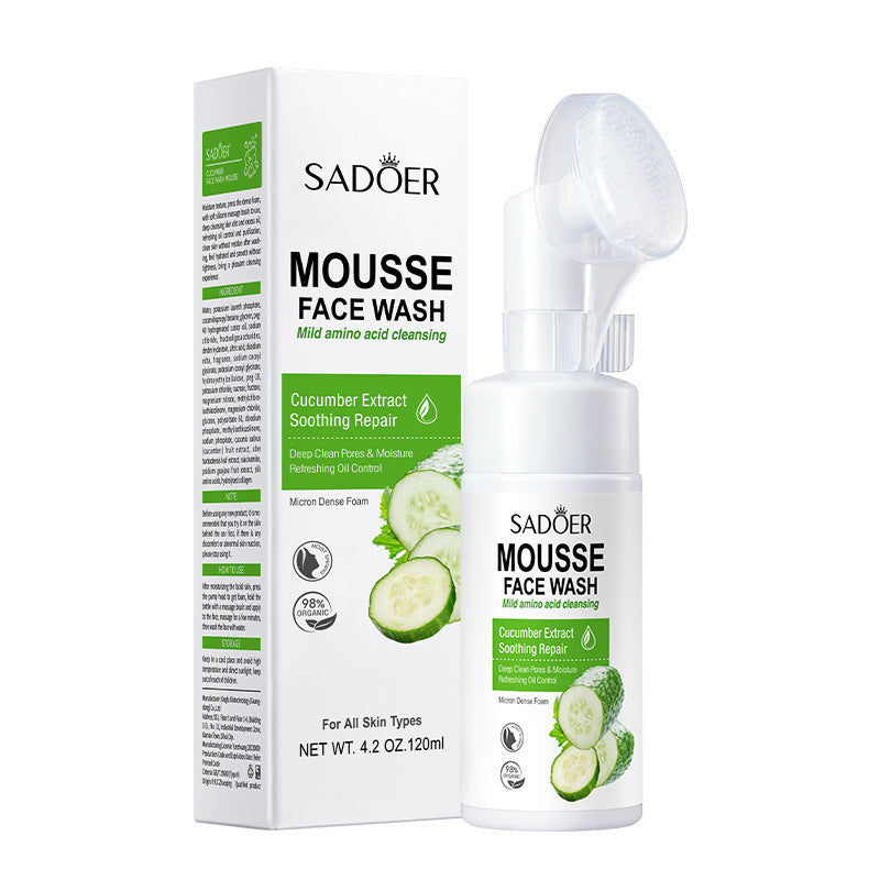 Sadoer Mousse Face Wash with Cucumber Extract for All Skin Types, 120ml bottle and packaging, soothing and hydrating cleansing product.