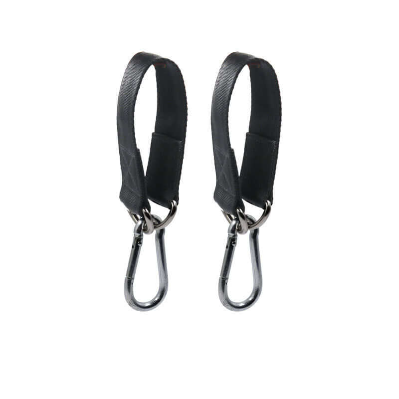 DIY exercise equipment pull-up straps, black ribbon material with metal clips, set of two for fitness equipment use.