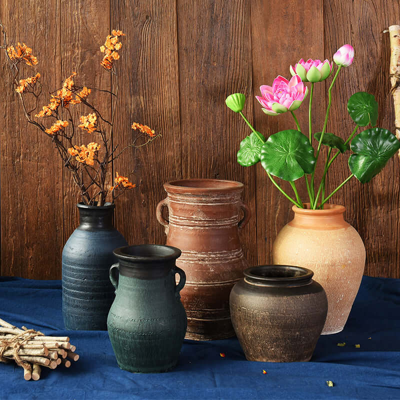 "Vintage Earthenware Vase - Florist Tile Jar for Dried Flower Arrangements, Unique Pot for Home Décor"