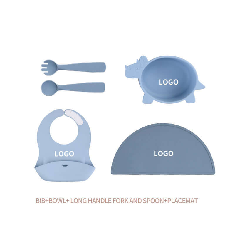 Silicone baby food accessory tools set in blue, including bowl, bib, fork, spoon, and placemat for babies over 3 months.