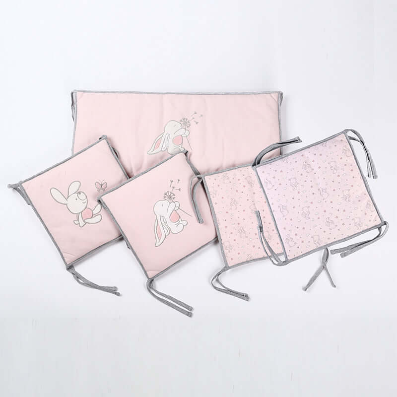 Embroidered knitted bed fence for baby cribs, 5-piece set, pink with cute animal designs, crib circumference protectors