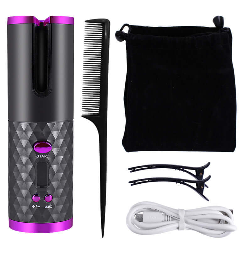 "Rechargeable Automatic Hair Curler - Portable Ceramic Curling Iron with LCD Display and Rotating Function for Waves and Curls"