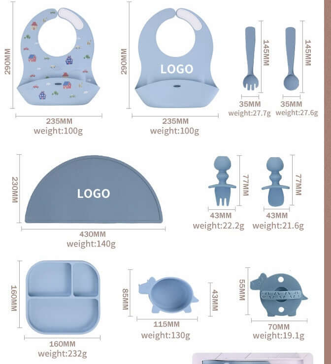 Silicone baby food accessory tools, including bibs, utensils, plates, mats, bowls, and bottle covers, perfect for babies over 3 months.