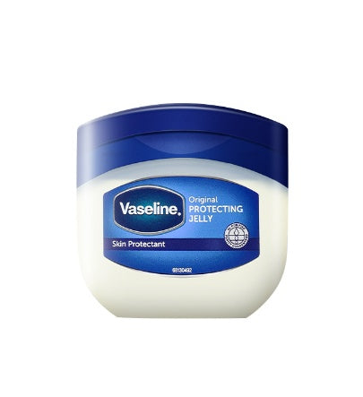 Vaseline Original Protecting Jelly, skin protectant container, blue and white packaging, moisturizing petroleum jelly.