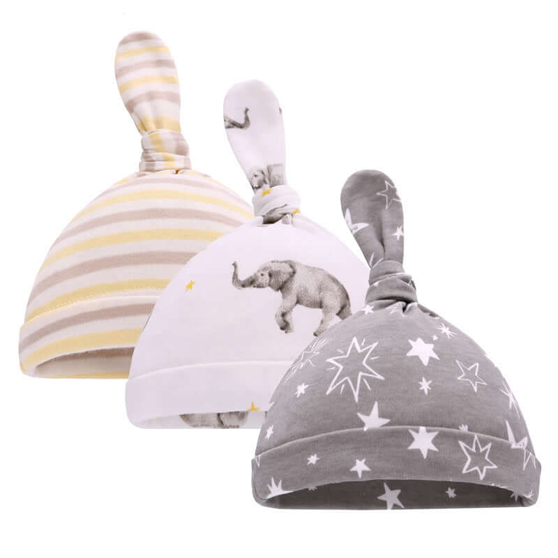 Baby hats in yellow stripes, white with elephant print, and grey with stars, pure cotton, suitable for spring and autumn, for head circumference 36-48cm.