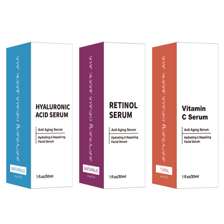 Packaging of Hyaluronic Acid, Retinol, and Vitamin C serums, highlighting anti-aging and moisturizing benefits.