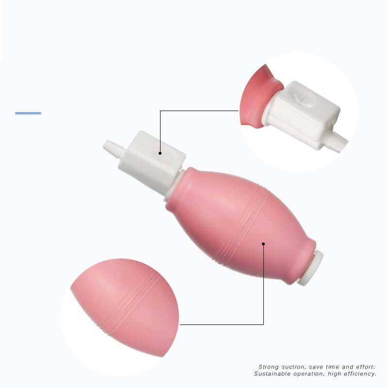 Pink silicone manual breast pump with strong suction feature for mother and baby products.