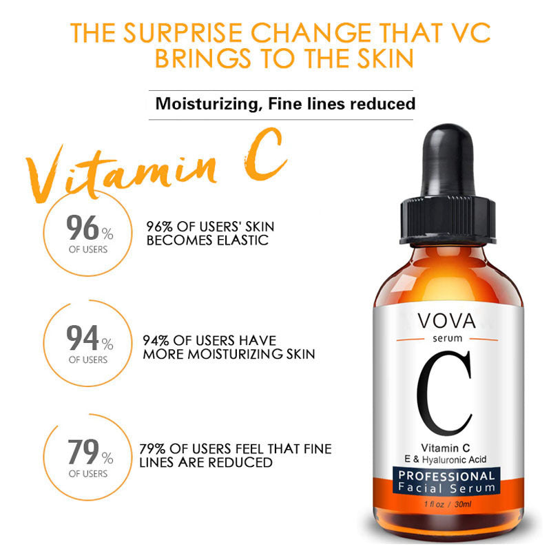 Vitamin C Serum bottle with moisturizer benefits, 96% skin elasticity, 94% hydration, and 79% fine lines reduced, 30ml essential oil.