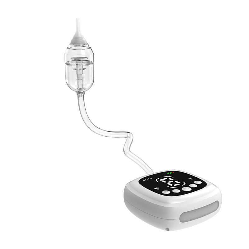 Electric nasal aspirator for babies, plastic nasal cavity cleaner in white with a catheter style design.