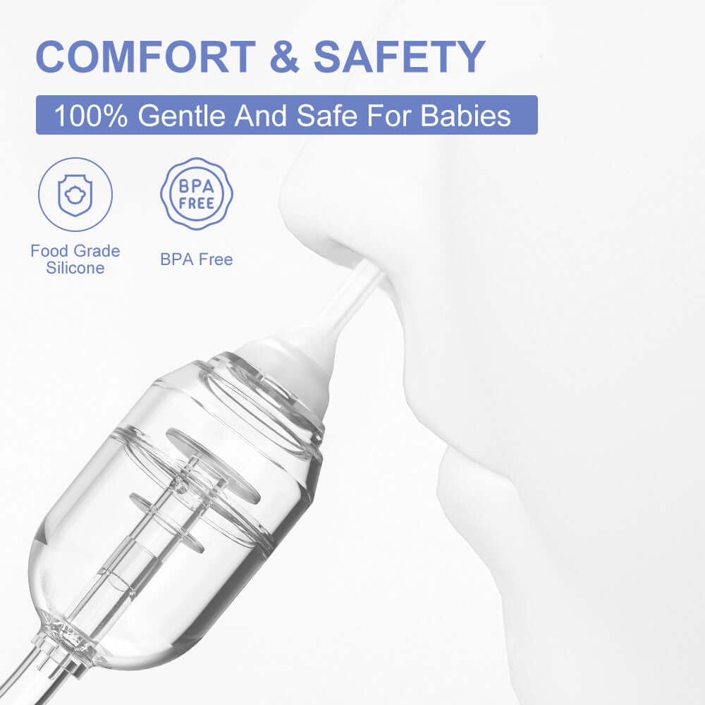 Electric nasal aspirator for babies, BPA free, food grade silicone, gentle and safe, white plastic catheter style nasal cavity cleaner