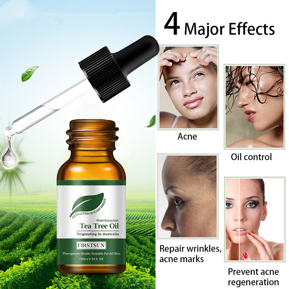 Firstsun Tea Tree Essential Oil for acne, oil control, wrinkle repair, and acne mark prevention with dropper bottle and effects illustration.