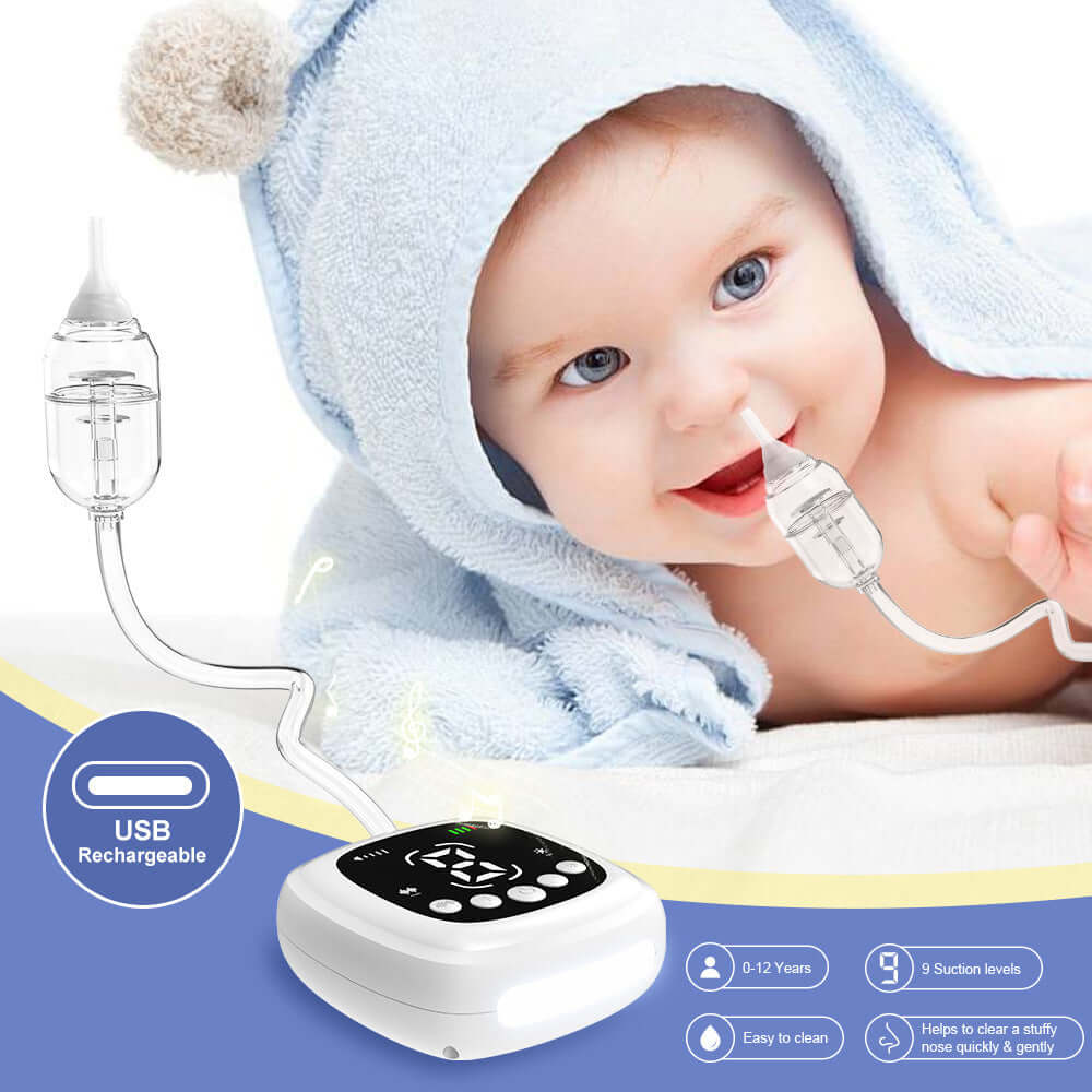Baby using electric nasal aspirator in blue towel, USB rechargeable, plastic material, catheter type, white color, cleaning nasal cavity