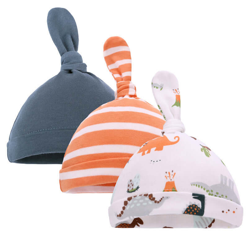 Cotton baby hats in blue, orange stripes, and dinosaur print; suitable for spring/autumn; pure cotton; perfect for babies with 36-48cm head circumference.