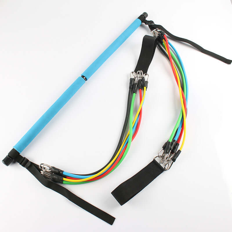 "Fitness yoga Pilates bar with portable gym accessories, including sport elastic bodybuilding resistance bands for home training and versatile workout routines."